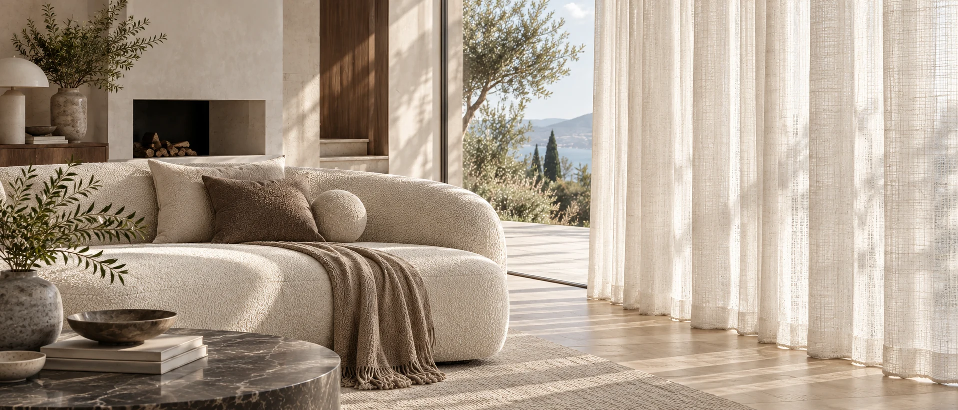 Ivory boucle sofa beside softly filtered linen curtains