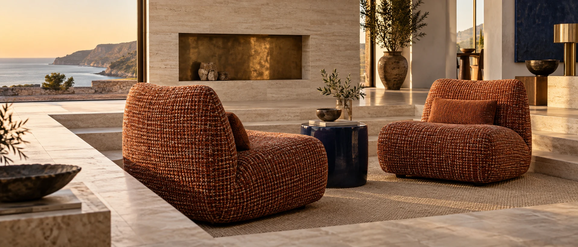 Terracotta textured lounge chairs in a refined coastal interior
